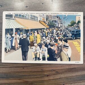 1920s Vintage Postcard Famous Green Benches People St Petersburg Florida FL